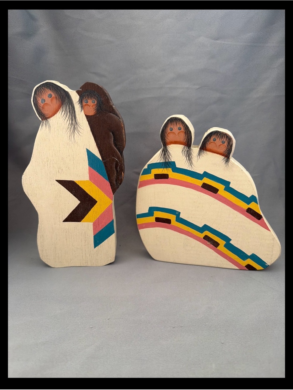 American Indian Eskimo Mother Children Vintage Wood Art HANDPAINTED 1988
